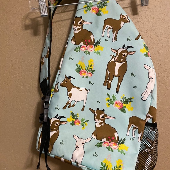 Light Blue Goat Lamb Flowers Print Sling Backpack - Picture 2 of 7